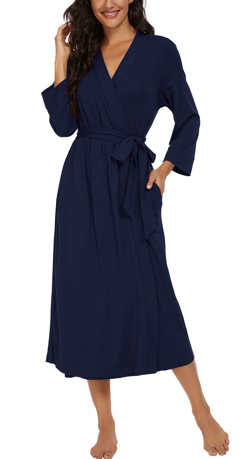 VINTATRE Women Kimono Robes Long Knit Bathrobe Lightweight Soft Knit Sleepwear V-neck Casual Ladies Loungewear Navy Blue-Small - Image 3
